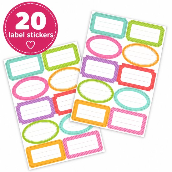 20 gelabelde stickers, rechthoekig en ovaal, met gekleurde randen en patronen.