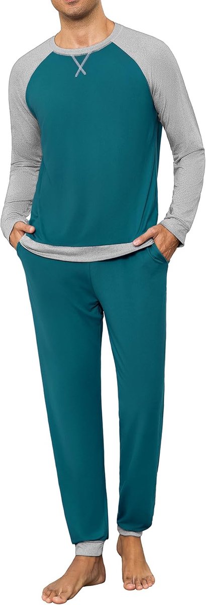 Pyjama voor heren, lang, met manchetten, contrasterende kleuren, katoenen pyjamaset, lange mouwen, nachtkleding, S-4XL