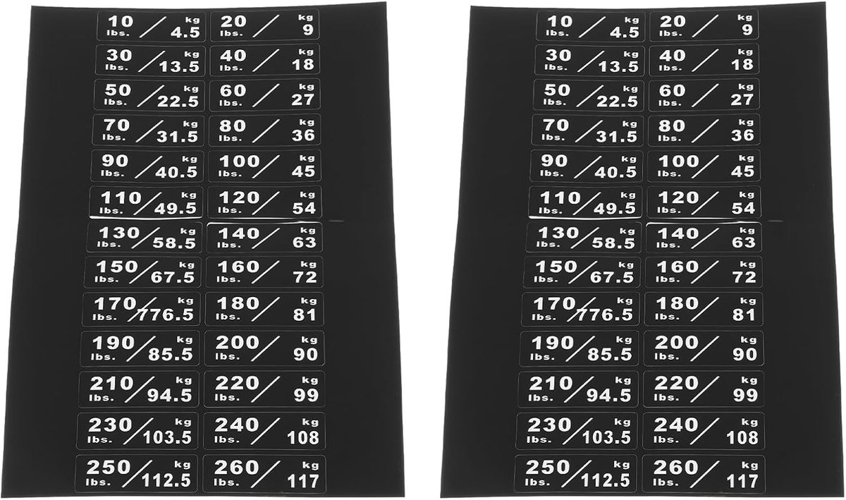 2 stuks 10-260 lbs/4,5-117 kg gewicht stapel etiketten 4,5 x 1,4 cm Gym Apparatuur Sticker Geschikt voor de meeste fitnessapparatuur Gewichtsplaat Maat