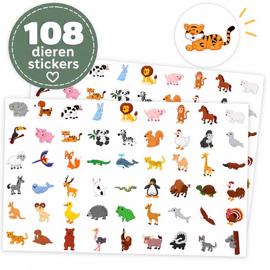 Twee vellen met 108 kleurrijke dierenstickers, waaronder tijgers, olifanten, varkens, giraffen en meer.