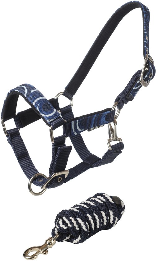 Donkerblauwe halster met een patroon van witte en lichtblauwe cirkels en strepen, met bijpassend touw met clip.