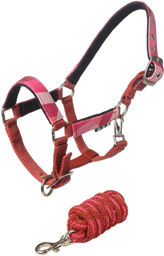 Roze halster met ruitpatroon en bijpassend halsterkoord met rode en roze strepen.