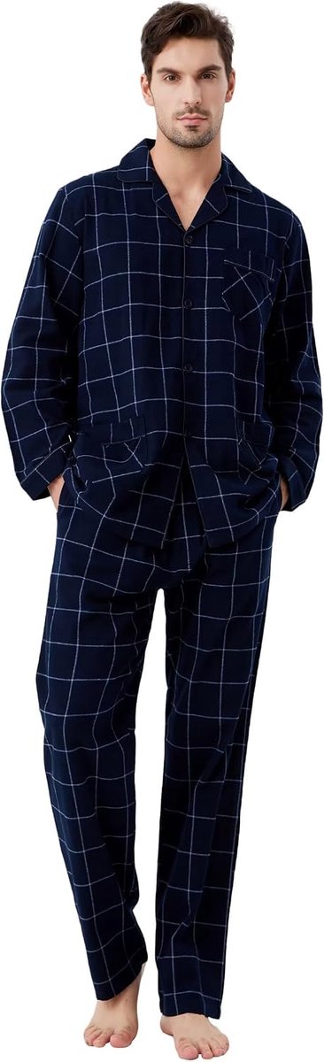Pyjamaset voor heren van 100% katoenen flanel, geverfd garen, comfortabel, broek met zakken, tailleband met trekkoord, winterpyjama voor heren