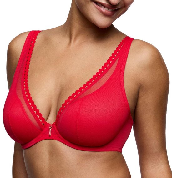 Rode beugelbeha met kantafzetting boven de cups en mesh details.