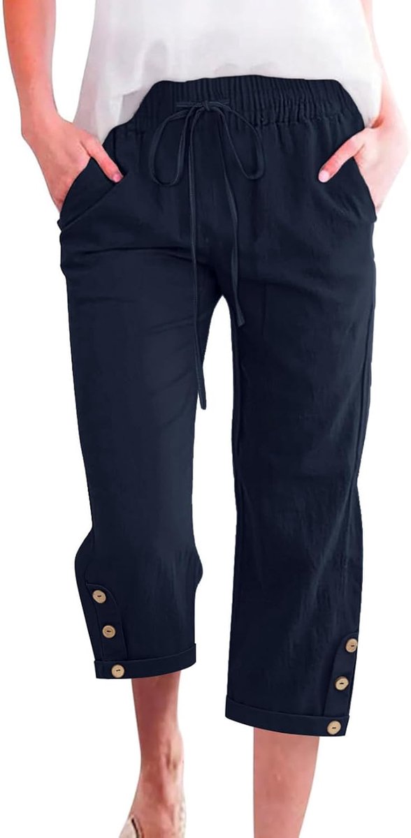 Korte Damesbroek met Elastische Taille, Katoenen Capribroek voor Dames, 3/4-lengte, Lichtgewicht Broek met 2 Zakken, Casual Werk, Strandbroek