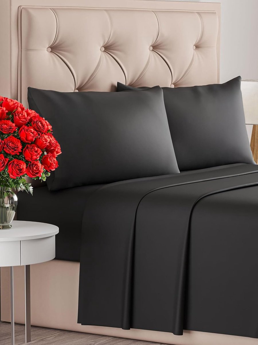 4-delig lakenenset Zwart – Hoeslaken 135x190 cm, platte laken 225x255 cm – Zalig zacht, kreukvrij, duurzaam – Geschikt voor matrassen tot 35 cm – Microvezel-polyester – OEKO-TEX gecertificeerd