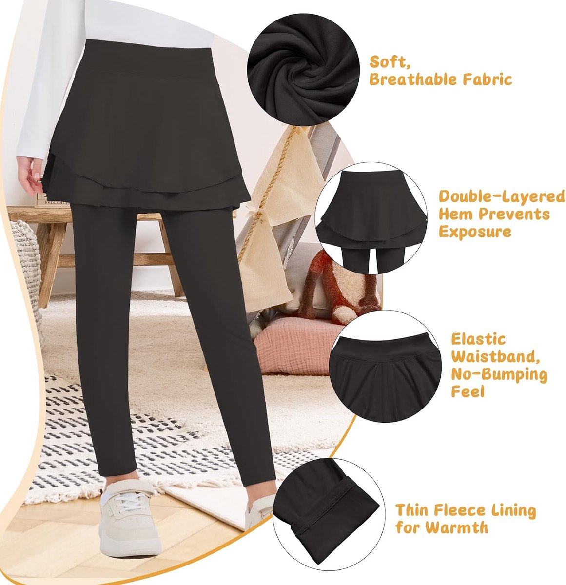 Leggings met rok, stretch, thermische leggings met ruches, 4-14 jaar/105-165 cm, ballet, tutu lange broek, warme tennisrok, panty