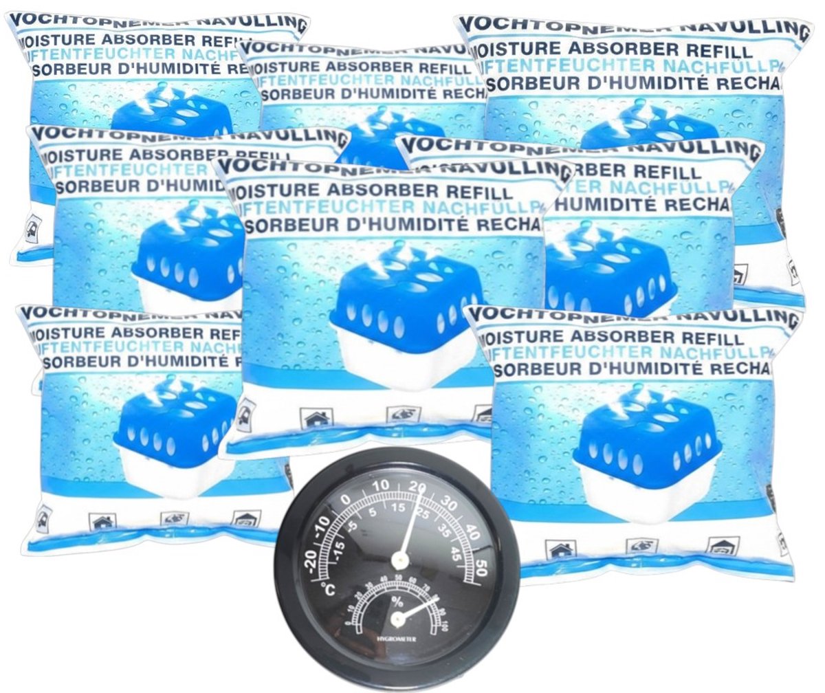 Vochtopnemer Navulling 8-Pack 3200 gram met Thermo-Hygrometer