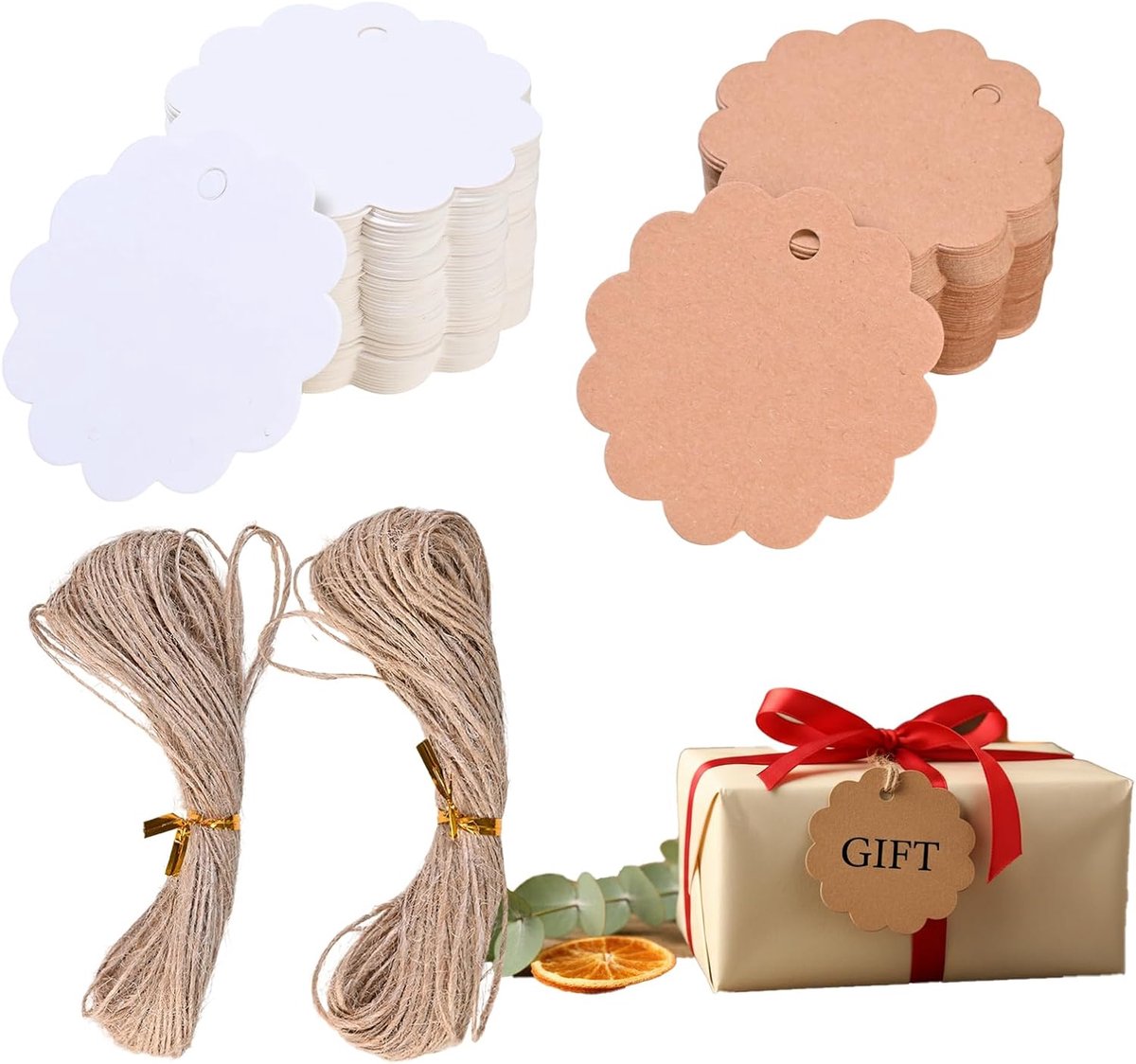 Set van 200 cadeaulabels van kraftpapier en wit papier, ronde etiketten met koord voor feestdagen en doe-het-zelfprojecten