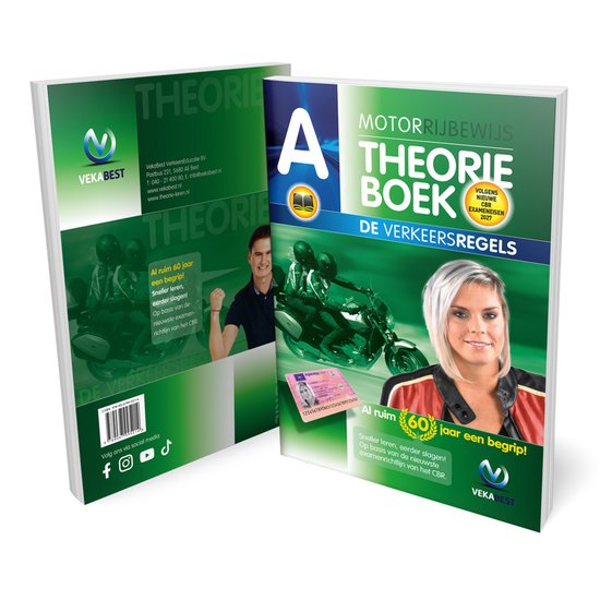 Motor theorieboek met op de voorkant een motorrijder, een rijbewijs en een blonde vrouw met motorjas. Met de tekst 'Motorrijbewijs Theorieboek De Verkeersregels'.
