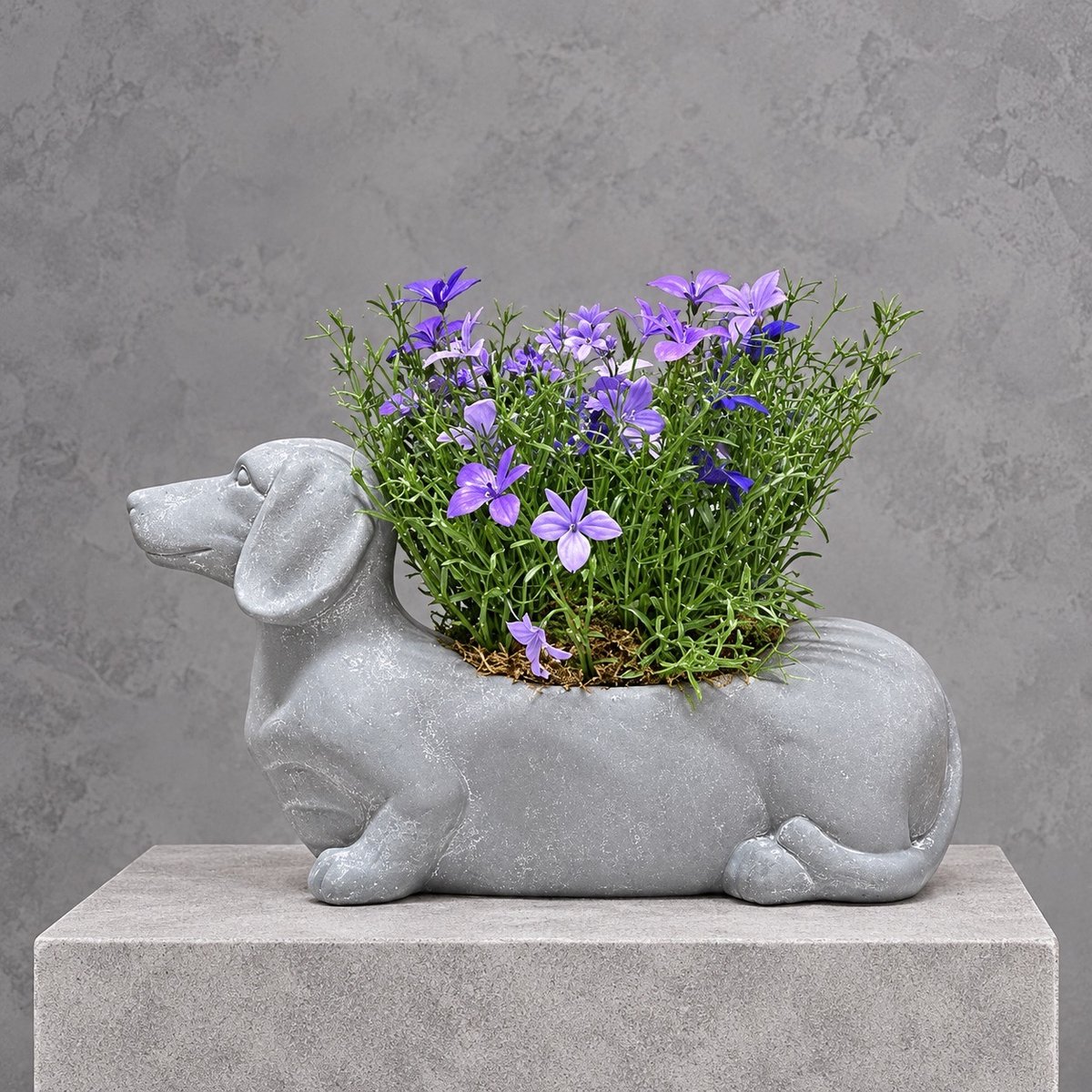 Teckel bloempot met paarse kunstplant – grijs – Seta Fiori