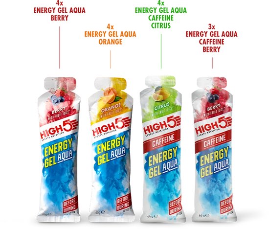 HIGH5 Energy Gel Aqua Mixed Box - 15 x 66 gram - 23 g koolhydraten per gel - Vloeibare energiegel zonder extra water - 8 zonder en 7 met cafeïne - HIGH5 — afbeelding 3