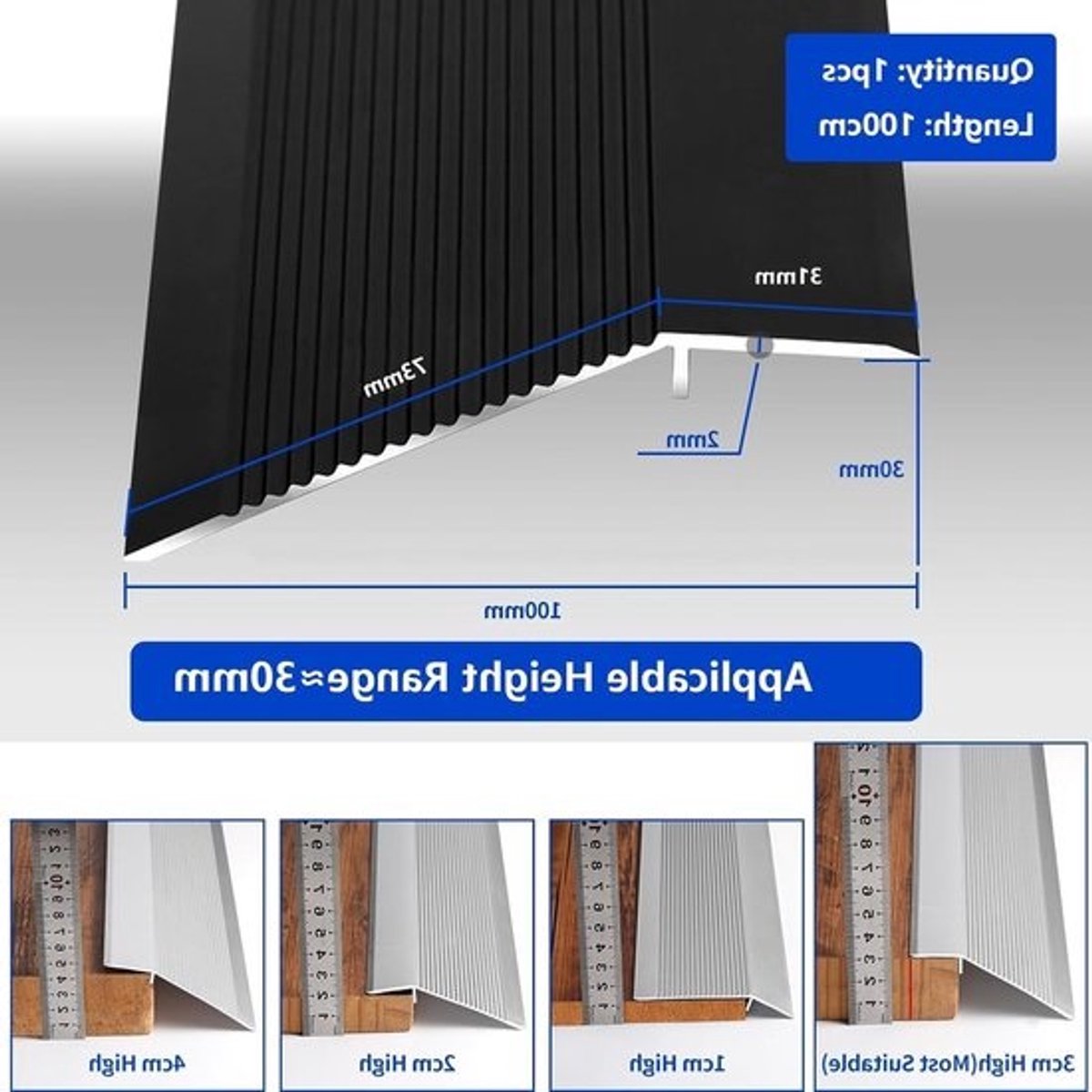 Aluminium vloerovergangstrip - voor drempels, tegels en laminaat - hoogteverschil 10–35 mm, zwart, 1 m × 10 cm