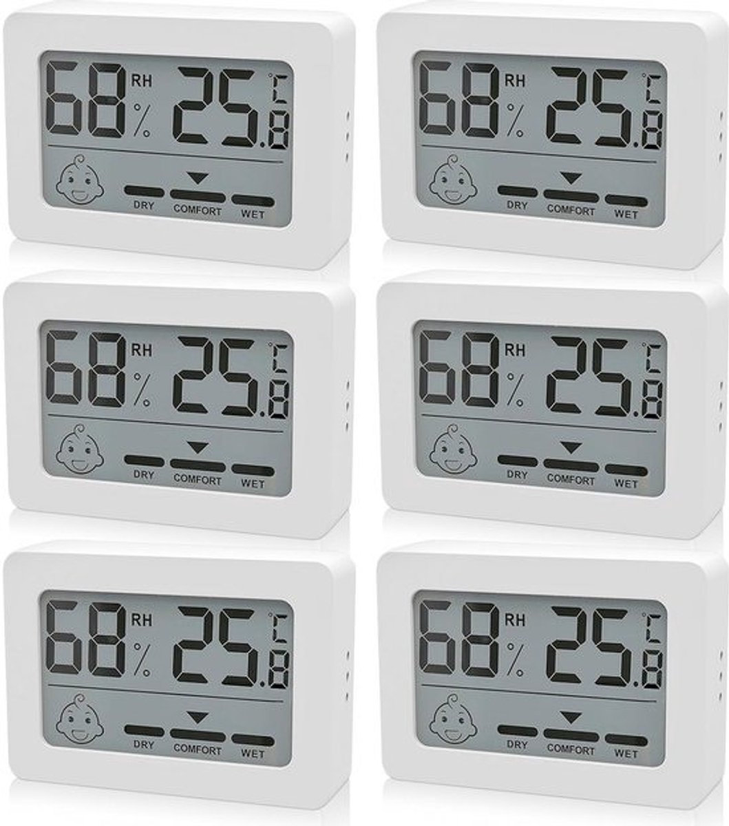 Digitale Thermometer en Hygrometer Set - 6 Mini Vochtigheidsmeters met Smiley Indicator voor Binnenruimtes