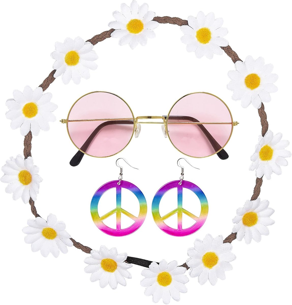 Party Fashion 95718 Hippieset, bloemenhaarband, oorbellen en bril, Flower Power, madeliefjes, Peace-tekens, jaren 50 en 60, themafeest, beachfeest, carnaval