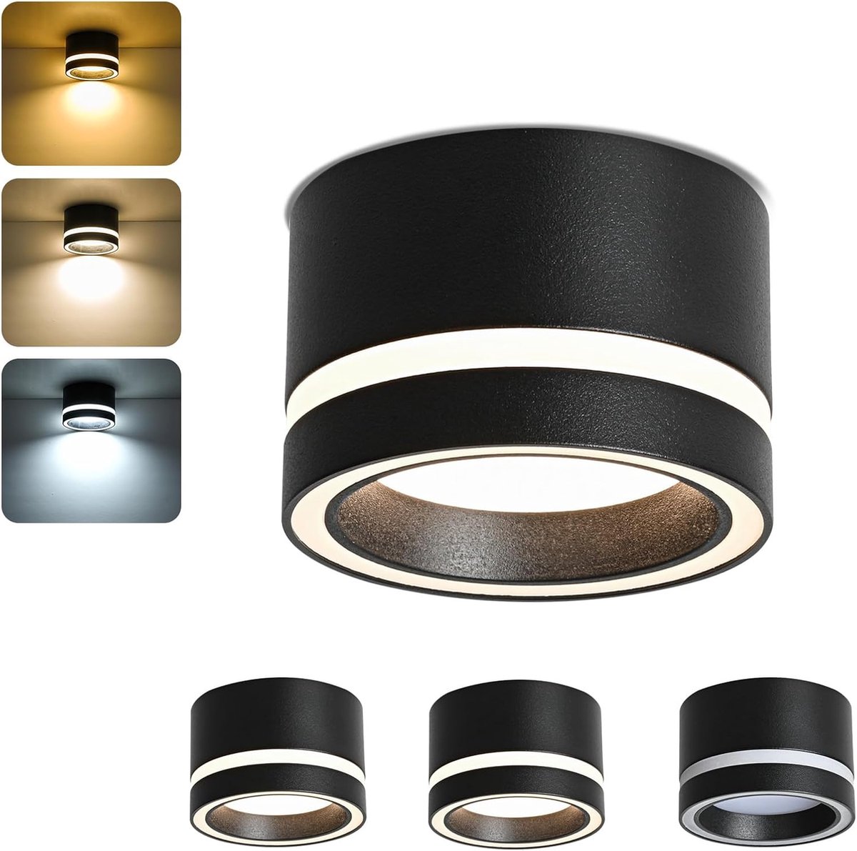 Plafondspot, zwart, dimbaar, led-inbouwspot, plat, 6 W, 3 CCT, warmwit, 3000 K, neutraal wit, 4000 K, koudwit, 6500 K, plafondlamp voor badkamer, 230 V, met GX53-fitting aluminium, 4 stuks