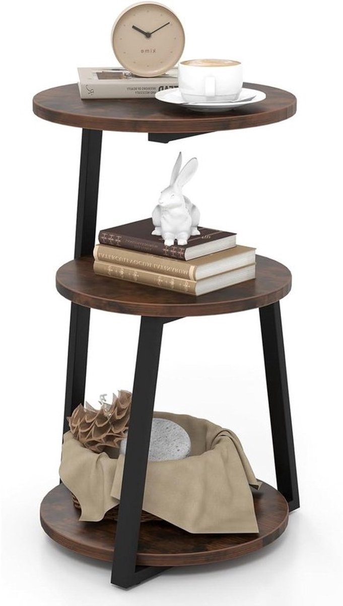 Bijzettafel 3 niveaus - Nachtkastje Salontafel - Ruimte Organiseren - Industrieel Design - 62 cm Hoog - Rustiek Bruin