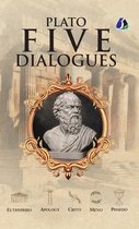 Boekomslag 'Plato Five Dialogues' met een marmeren buste van Socrates in een gouden lijst en een klassieke tempel.