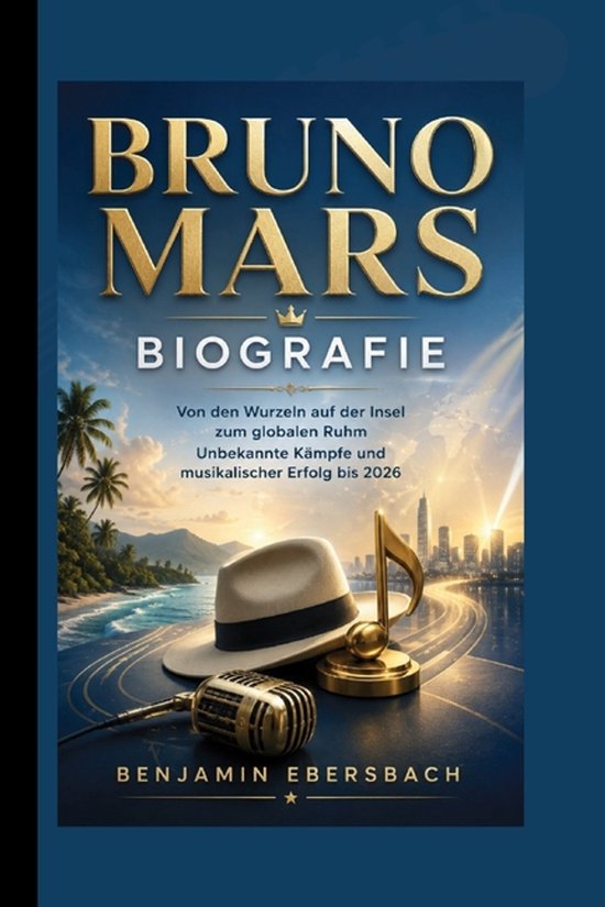 Boek 'BRUNO MARS BIOGRAFIE' met fedora hoed, microfoon, gouden muzieknoot en stadsgezicht op de achtergrond.