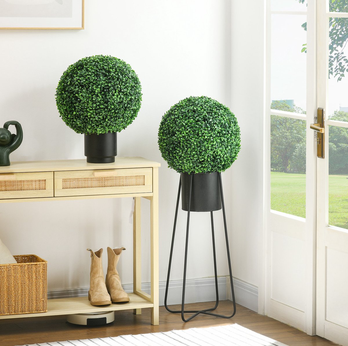 OKWISH Kunstplant Buxusbol – Set van 2 – 40 cm Diameter – Kunststof – Groen – Binnen en Buiten – met Overpot – UV-Bescherming – Onderhoudsvrij