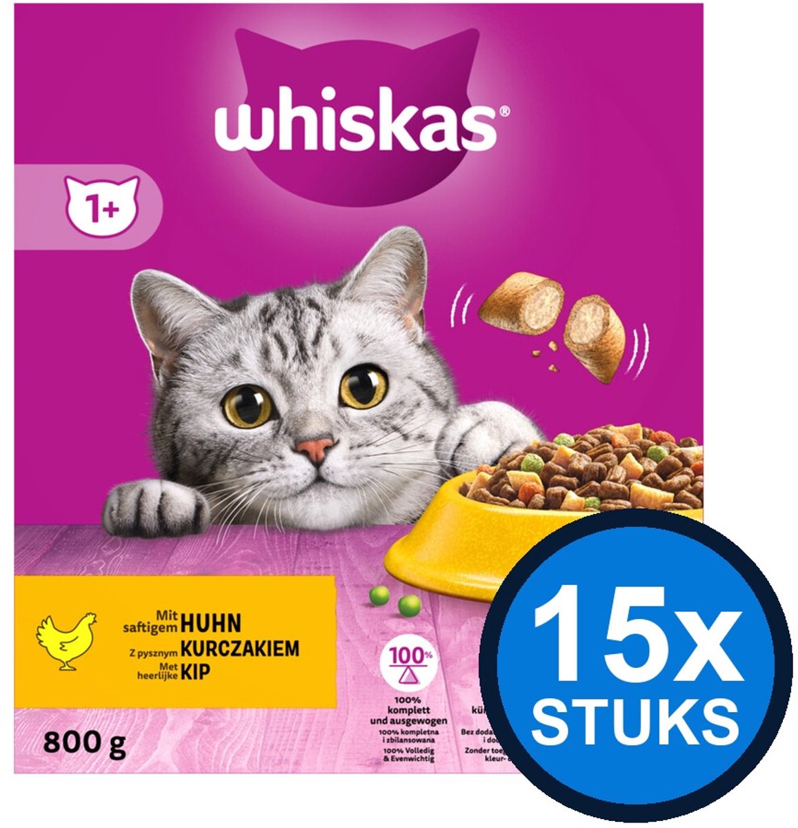 15x Whiskas - 1+ droog adult kip 800gr - Kattenvoer - 800 g