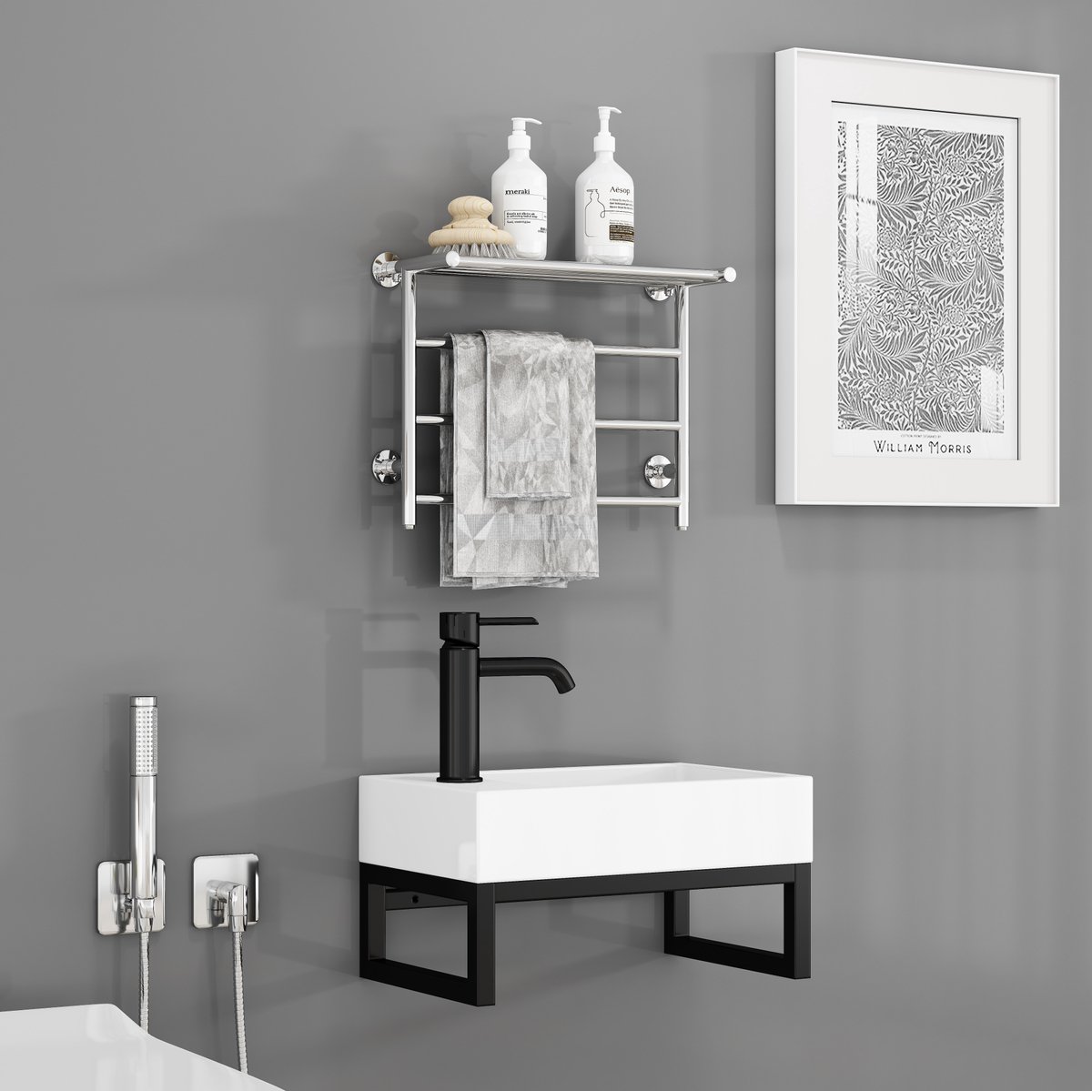 OKWISH Toiletfontein Mini – 40 x 21 x 25 cm – Vierkante Keramische Handwasbak – Mat Wit – Metalen Draagframe – Wandmontage – Met Overloop – Voorgemonteerd