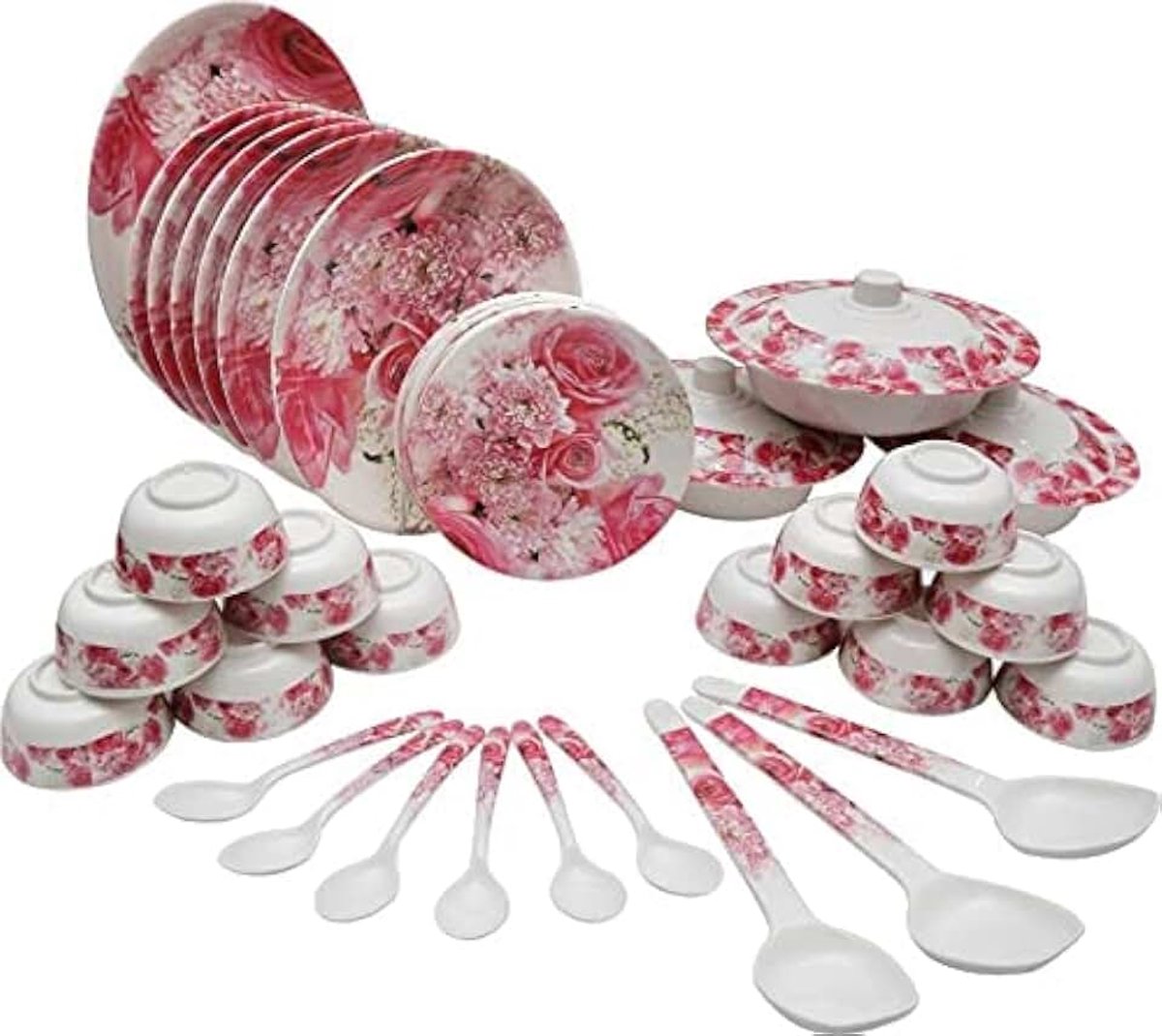 Melamine Diner Set 40 Stuks - Roze & Wit, Bedrukte Diner Set voor Keuken