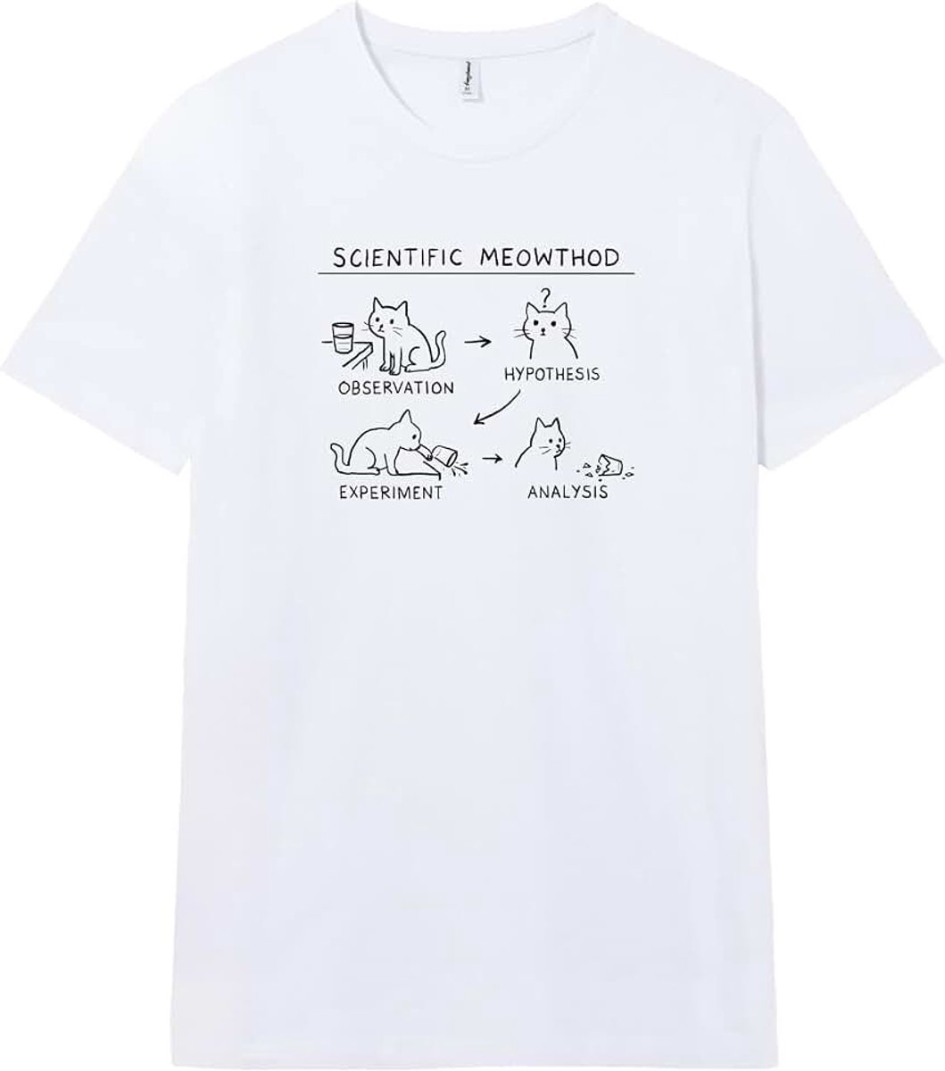 T-shirt met Korte Mouwen, 100% Katoen, Unisex Kleding voor Mannen en Vrouwen, Gezeefdrukt met Ronde Hals en Rechte Snit, Kleur Wit (Scientific Meowthod)