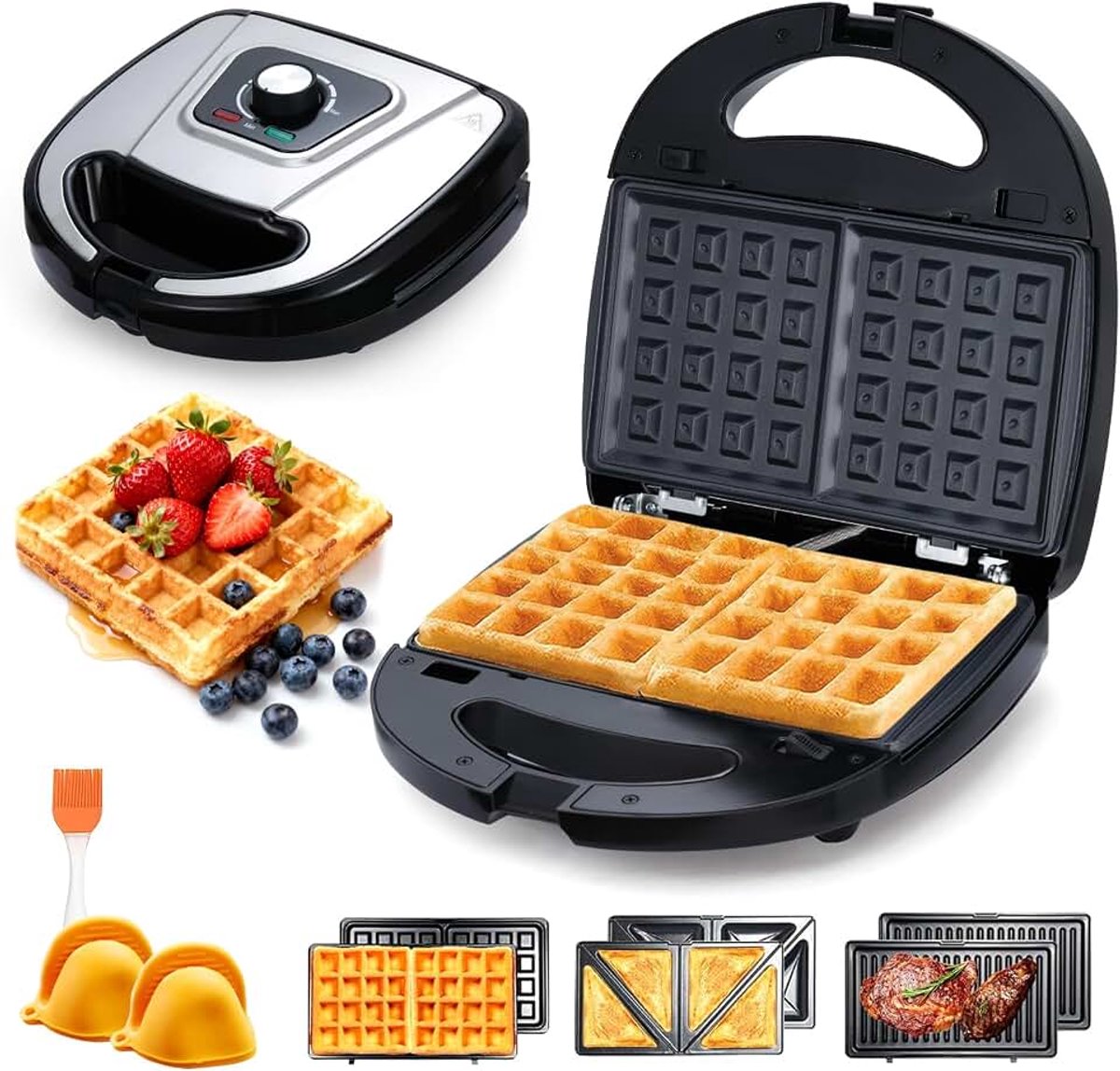 3-in-1 ontbijt sandwichmaker, elektrisch wafelijzer, panini-grill met afneembare antiaanbakplaten, elektrische grillkaasmaker voor grillgerechten, desserts, wafels en sandwiches