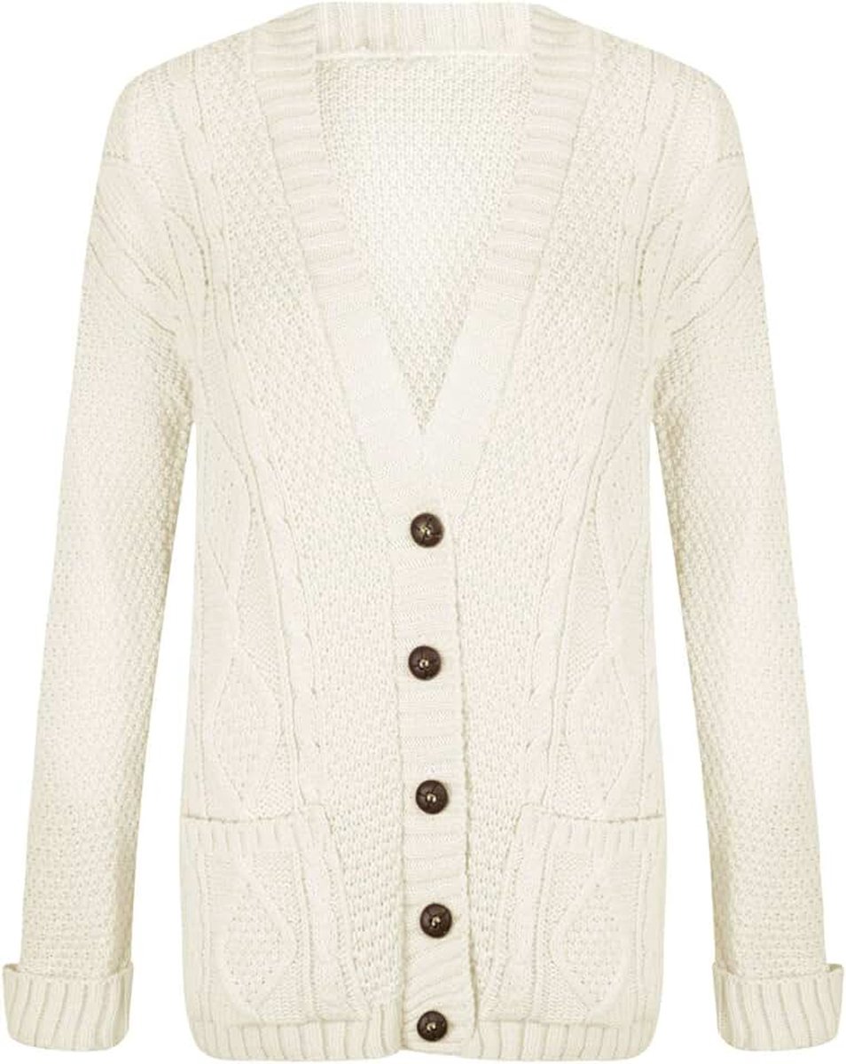 Lange mouwen Aran Kabel Gebreide Button Up Grandad Cardigan Sweater Top, cr�me, 42/44/Meer