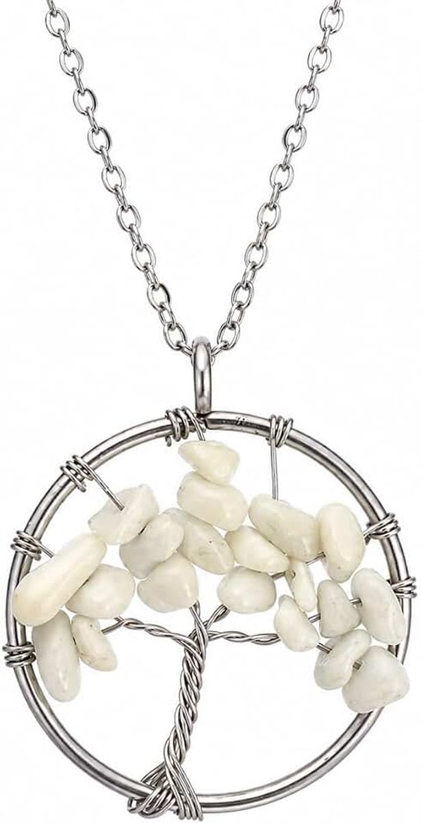 Levensboom hanger van natuurlijke witte jade – energieketting met ruwe stenen en zilveren ketting – natuursteen lithotherapie welzijn cadeau voor vrouwen