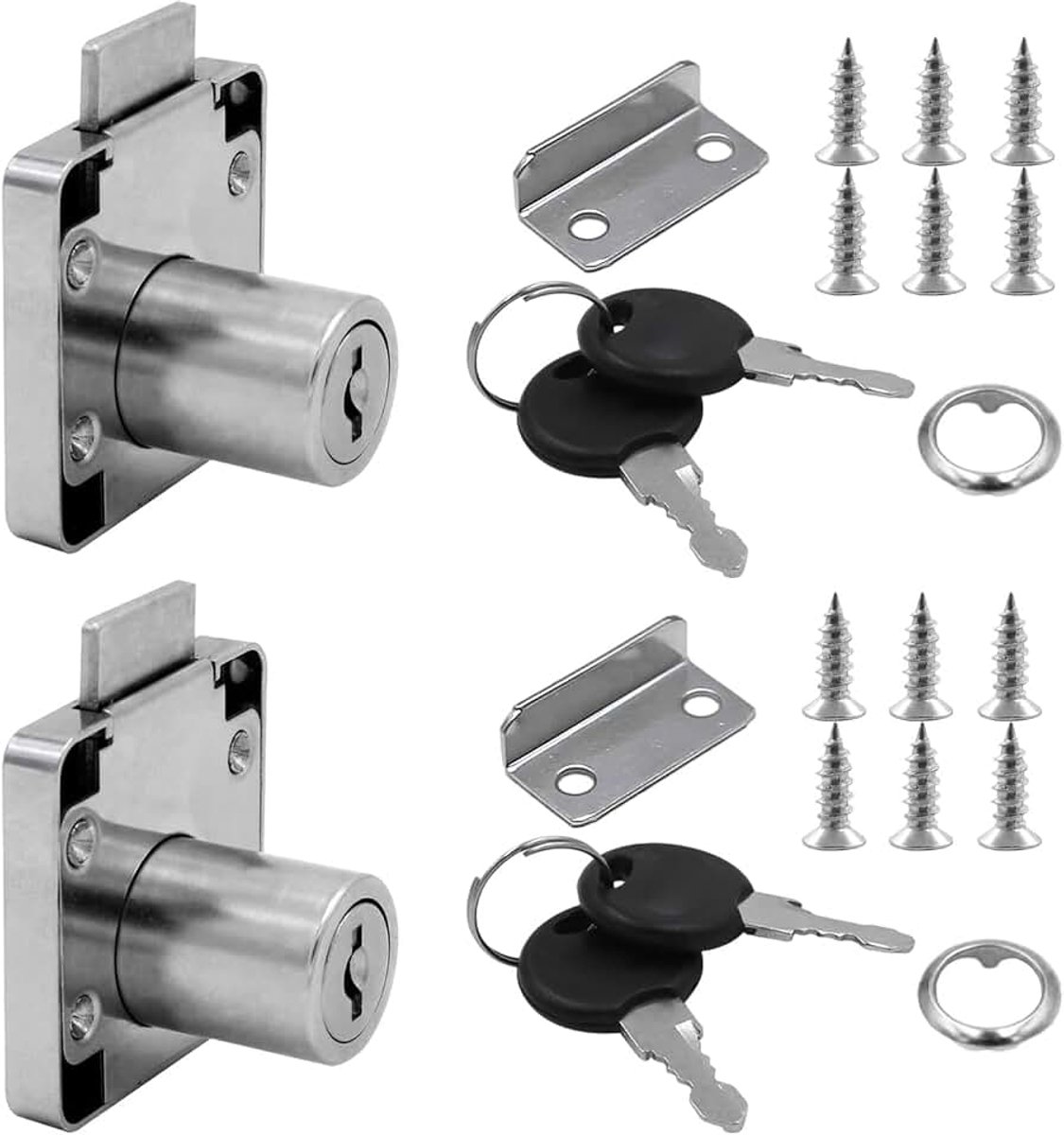 2 ladesloten van legering met sleutel, inclusief 2 sloten en 12 roestvrijstalen schroeven, kastslot, nokkenslot, geschikt voor kasten, tafels en commodes, enz.