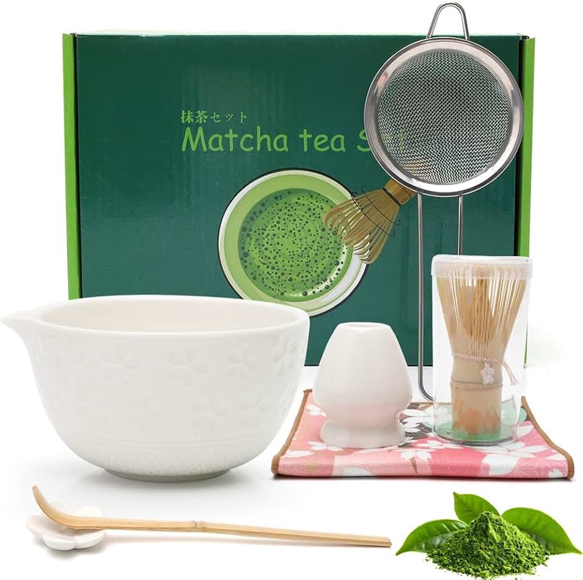 Matcha-set – Matcha theeset 7-delig traditionele theeset met bamboeklopper, keramische kom (chawan), zeef & accessoires – Japanse matcha theeset voor matcha-liefhebbers, Valentijnsdag (wit