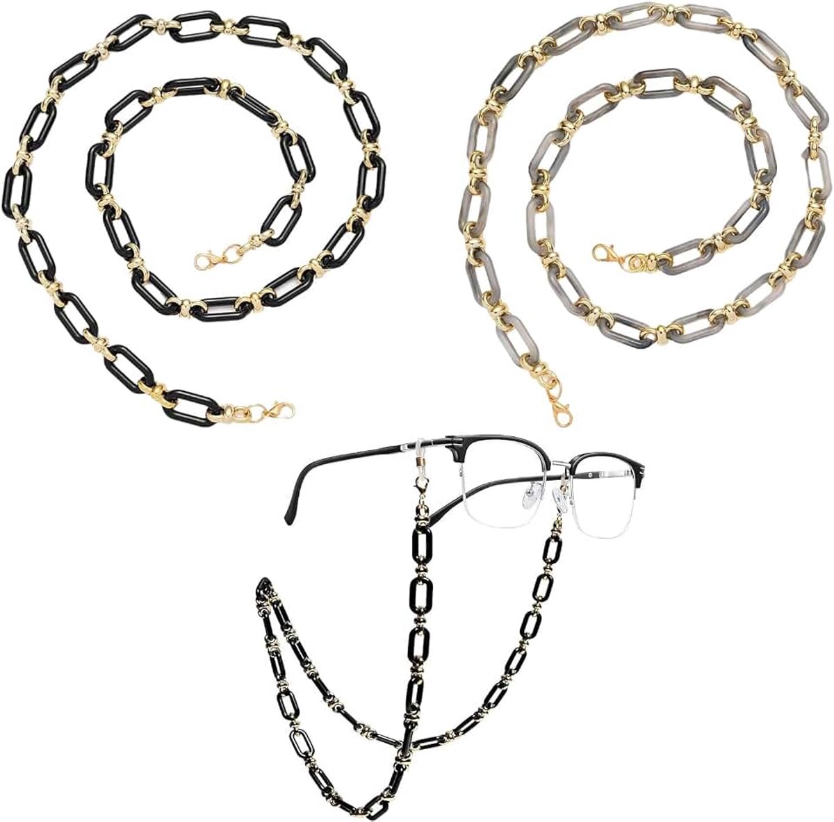 Brillenketting Dames 2 Stuks Acryl Schakelketting Zwart Grijs