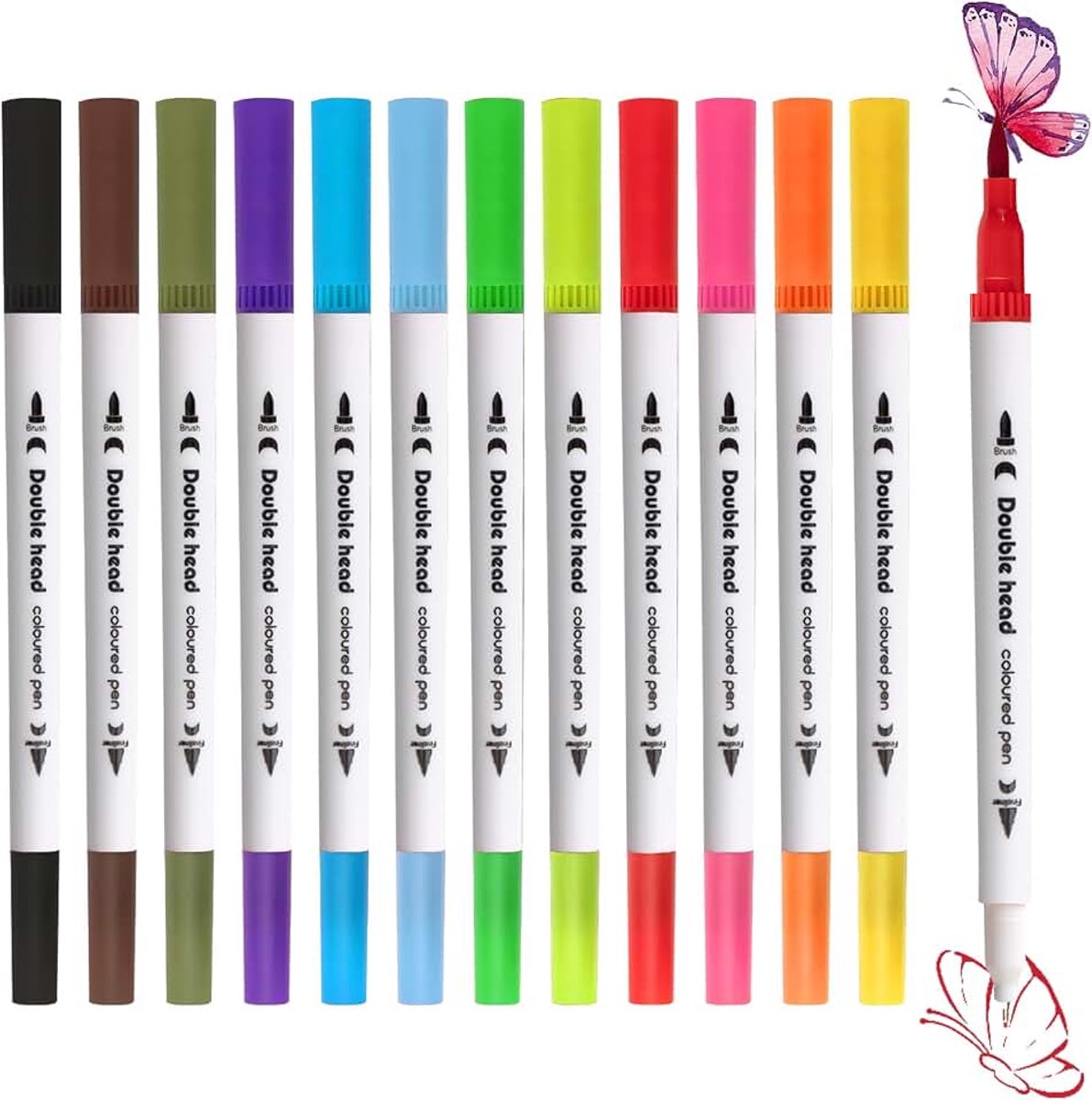 Brush Pen Set, 24 stuks aquarelpenseelstiften & fineliner in wit, zachte punt en 0,4 mm fijne punt, waterverf voor handlettering, tekenen, bullet journal & manga (12, 12 kleuren)