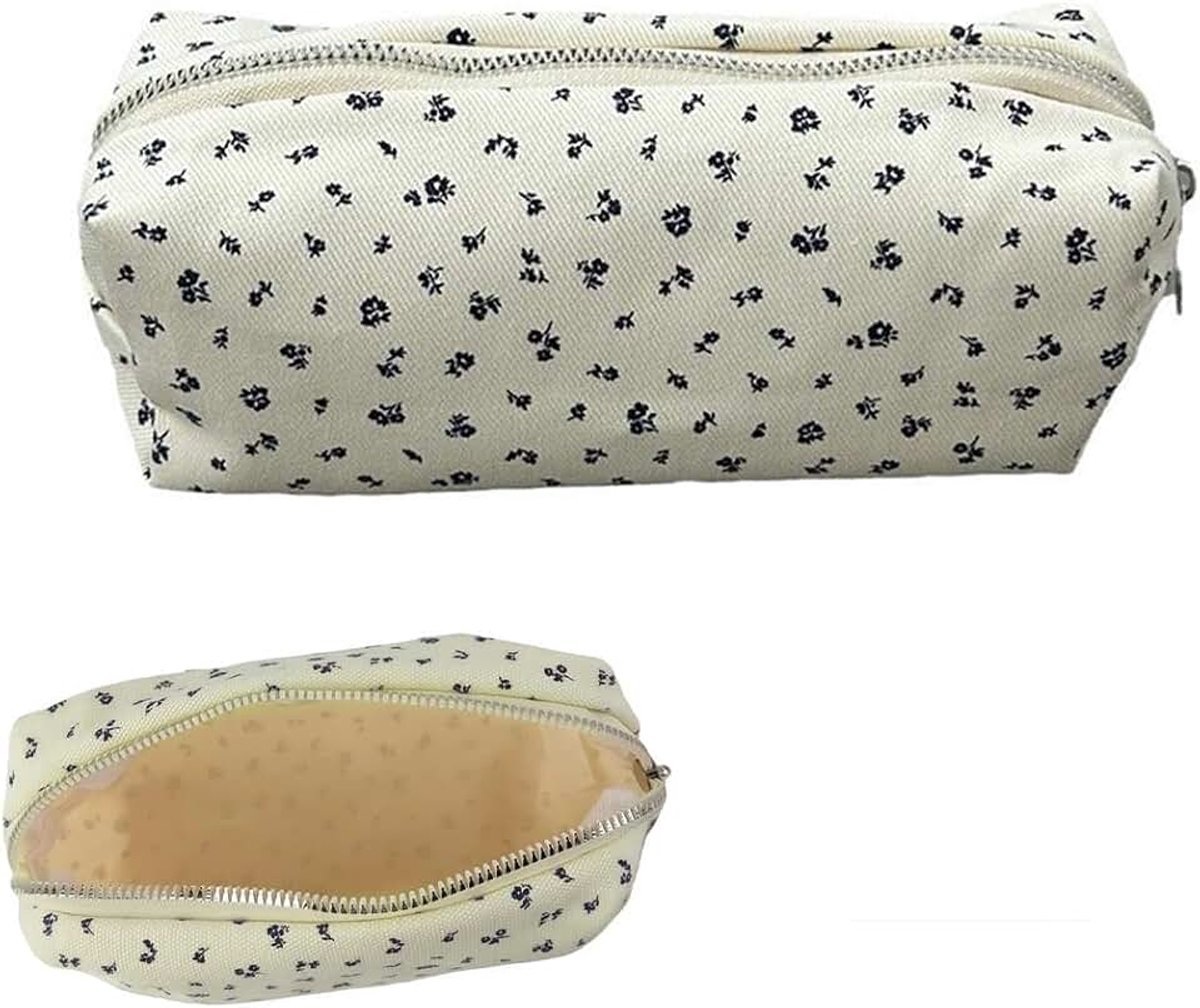 Pennenetui, grote capaciteit, met mooie bloemen, groot etui voor schrijfwaren, ritssluiting, potlooddoos, voor potloden en make-up (blauw)