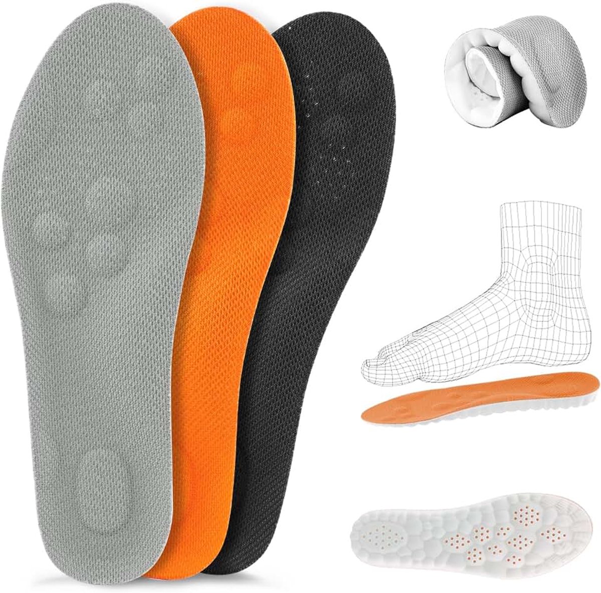 Geheugenschuim-inlegzolen voor dames en heren - Comfortabele massageboogondersteuning en demping, sportvervangende binnenzolen voor sneakers, wandelschoenen, laarzen en hardloopschoenen