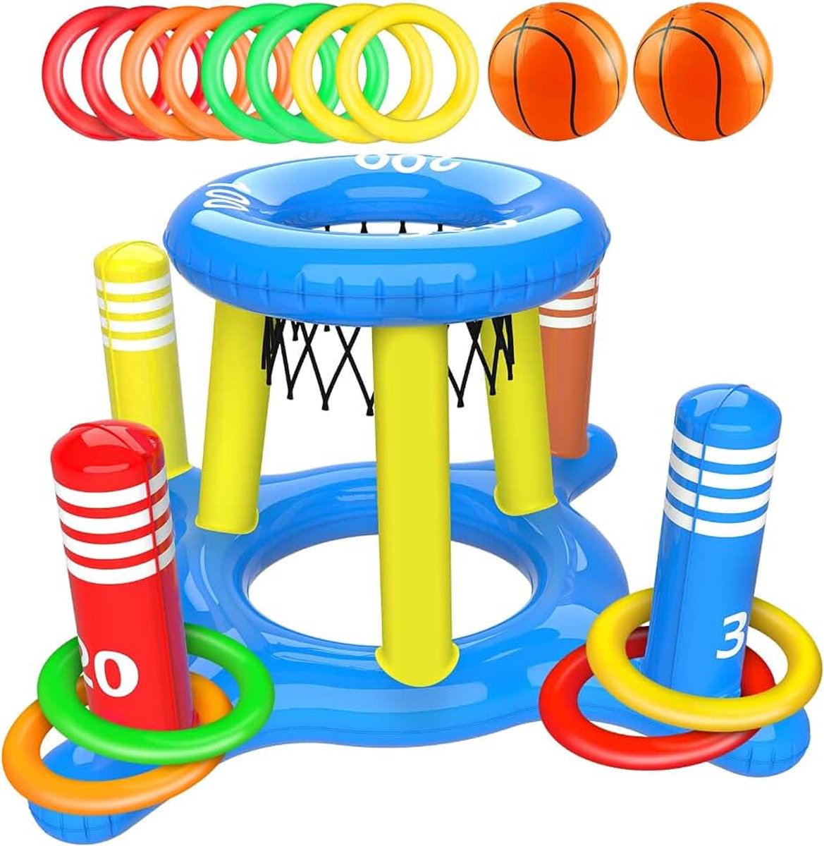 Waterspeelgoedset, 2-in-1 opblaasbaar zwembadspeelgoed, drijvende basketbalmand en werpmand, speelgoed voor buiten, zwembad, feestspeelgoed voor kinderen, volwassenen, gezinnen