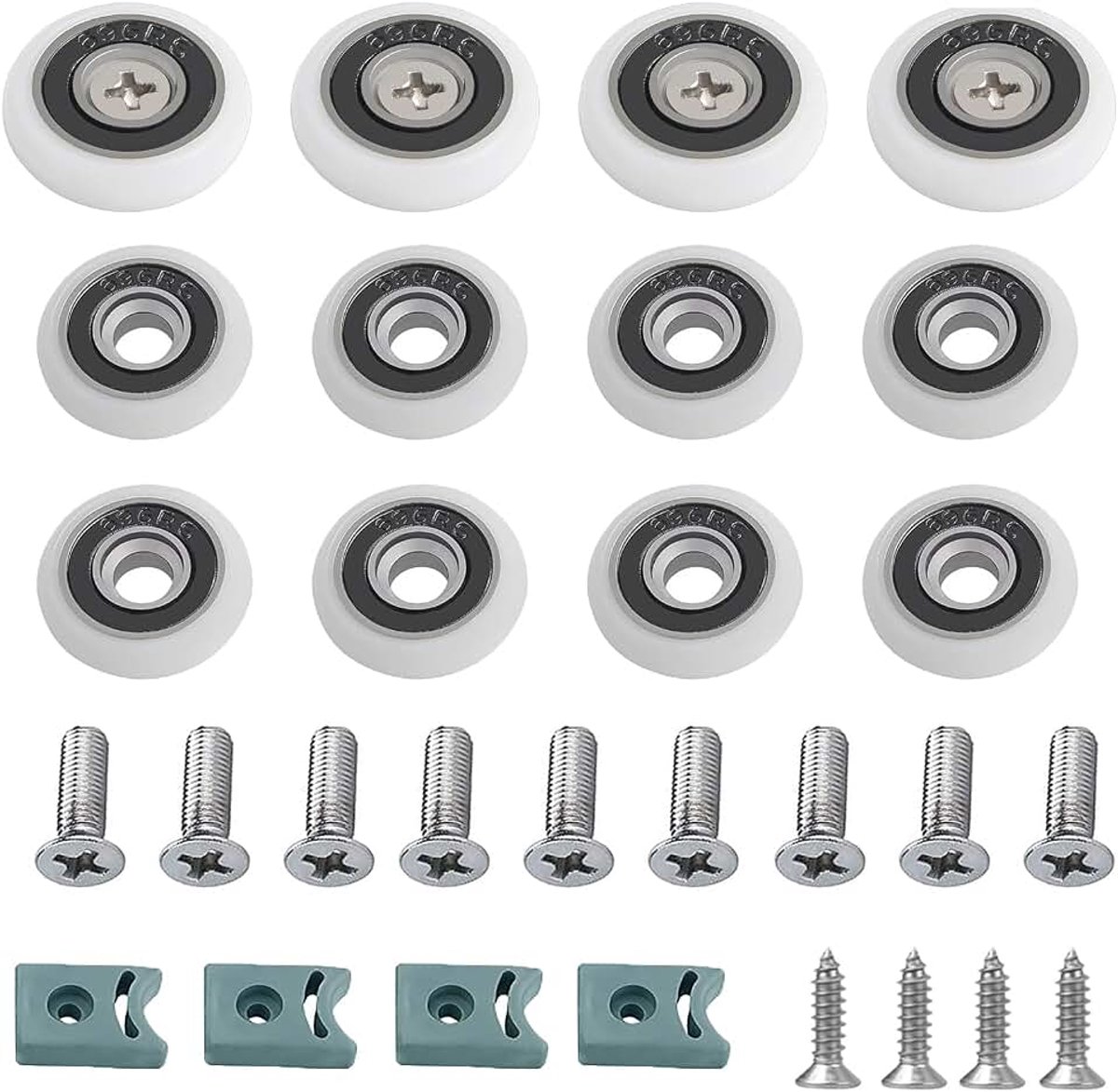12 sets (32 stuks) diameter 25/23 mm Vervangingen voor Gebogen Deuren, Doucherolwielen/lopers met Roestvrijstalen Schroeven Bijpassende 4 stuks Anti-botsingsblokken