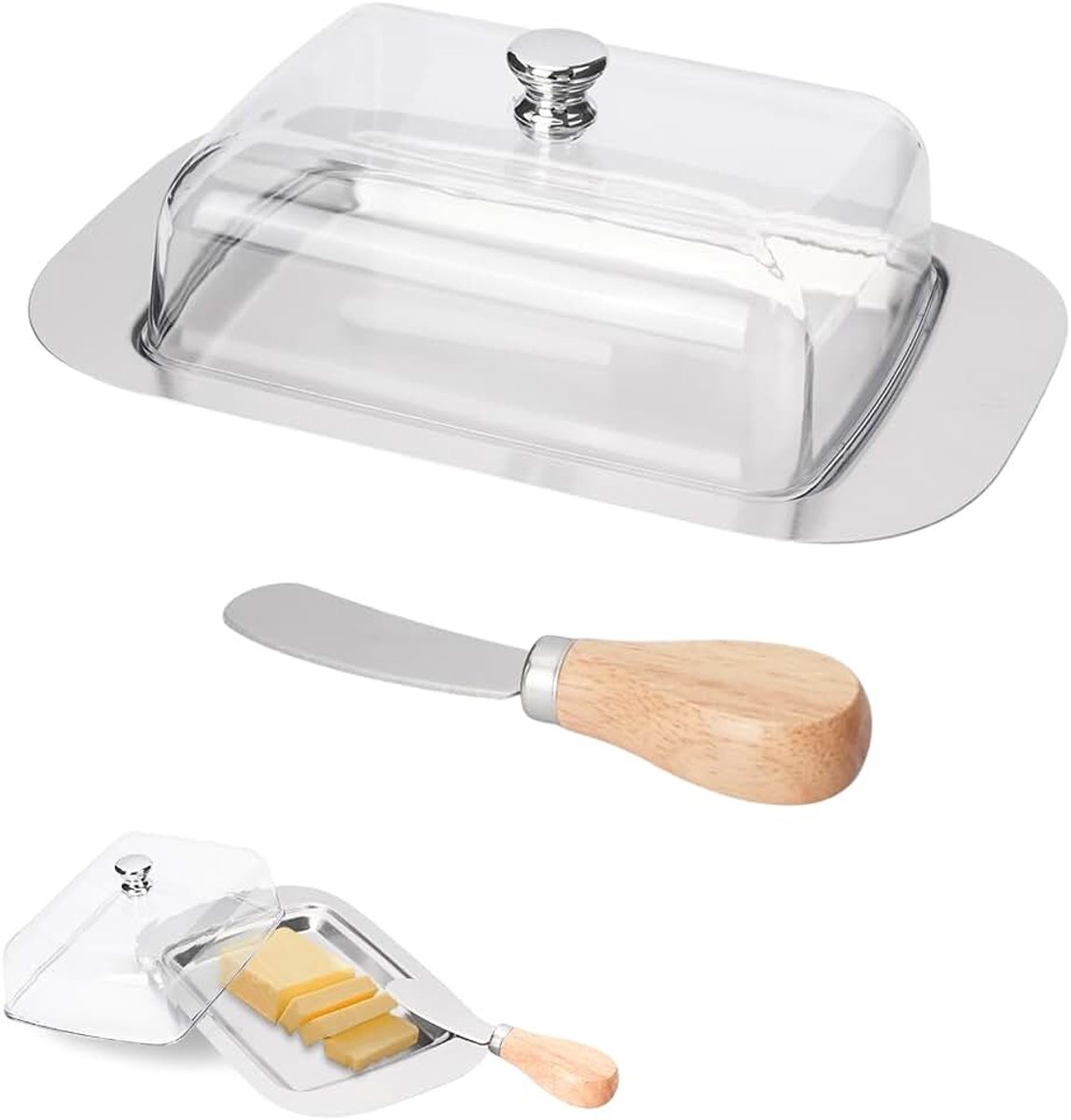 Botervloot met deksel, botervloot van roestvrij staal met botermes, verzegeld in de keuken, boterschaal, boter, opbergschaal voor kaas, koude gerechten, cake, desserts, vruchten