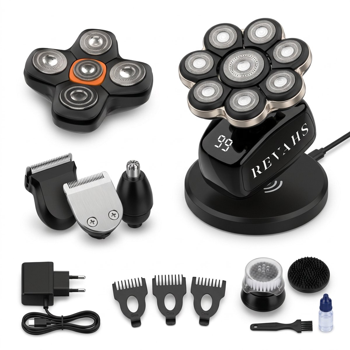 Revahs Hoofd Scheerapparaat Mannen - 7-in-1 Elektrisch Head Shaver - 5D & 8D Magnetische Scheerkop - Hoofd Trimmer & Massage Opzetstuk - Neustrimmer - Gezichtsreiniger
