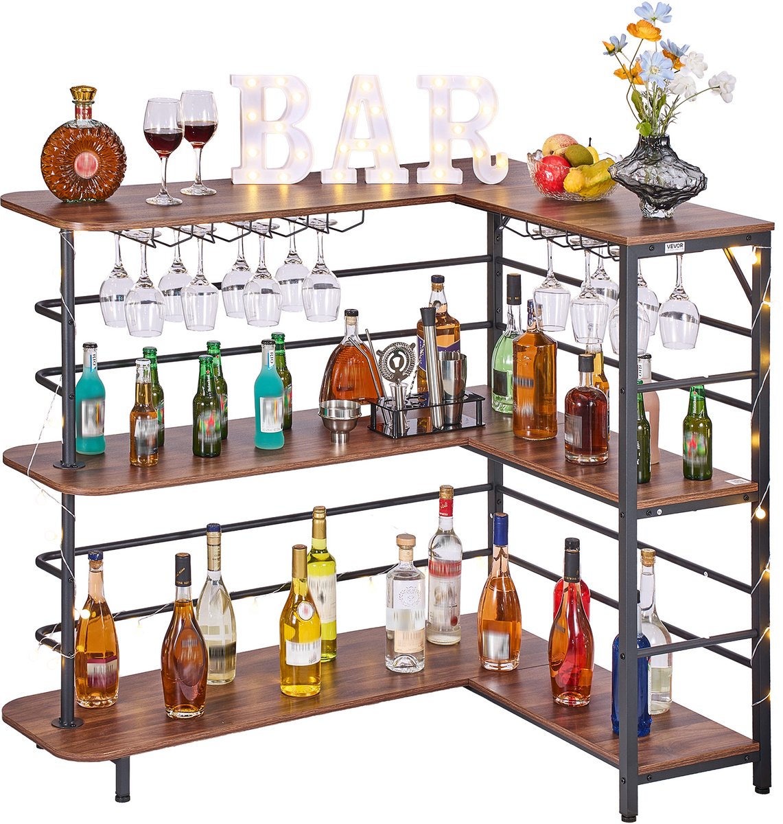 Vevor L-Vormige Thuisbar met Opbergruimte, 3-Laags Bartafel met Wijnglazenhouder, Draagvermogen 99,8 Kg, Hoekbartafel van Bewerkt Hout voor Thuis, Keuken, Woonkamer, Kelder, Bartafel 1200 X 900 X 1095 mm Bruin