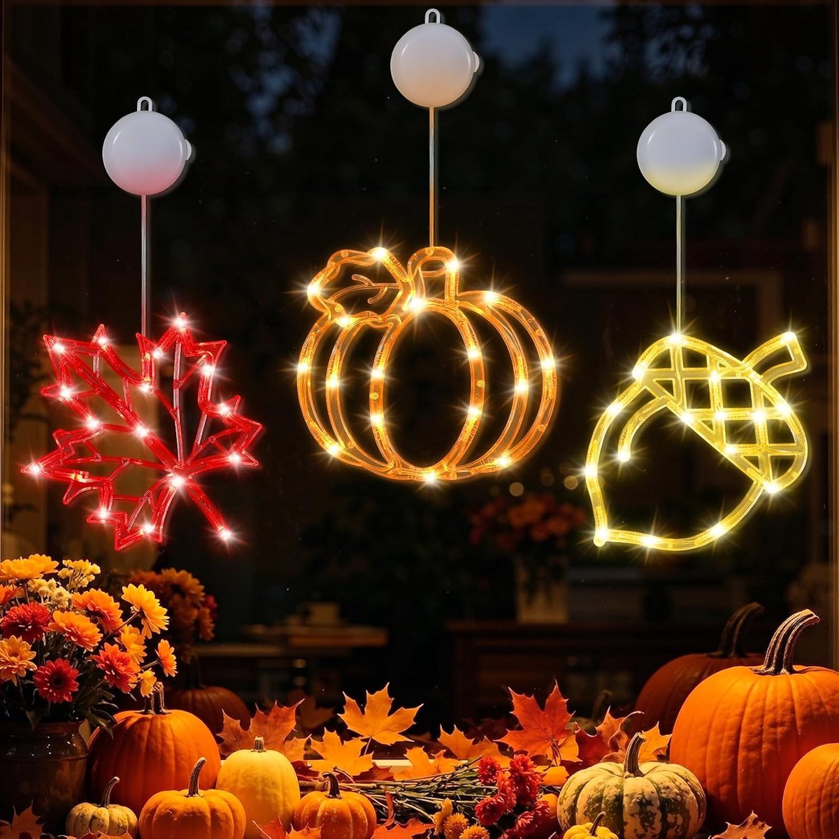 KZQ 3 Stuks Herfst Led Raamverlichting Voor Thanksgiving – Sfeervolle Decoratie Voor Raam En Vensterbank