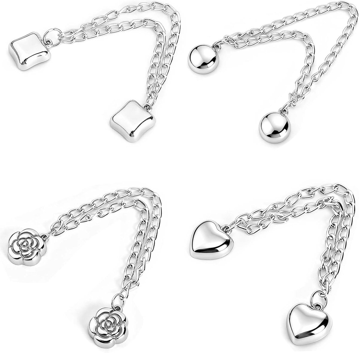 4 paar magnetische kledingclips met ketting, 8 stuks, zilver, 4 designs