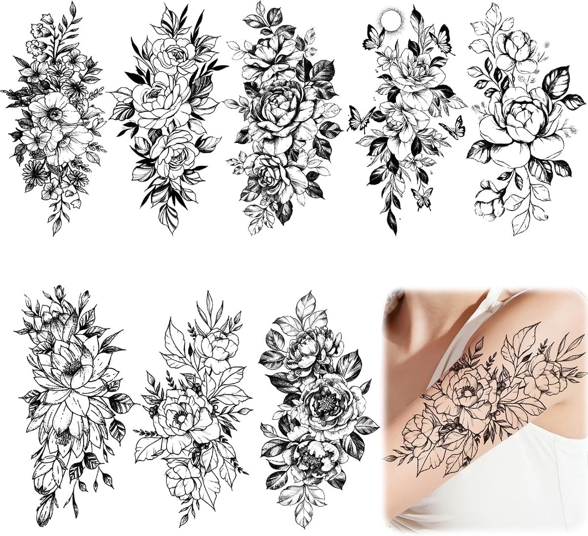 Tijdelijke tatoeagestickers, grote bloemen, 3D-neptatoeages, waterdicht, realistisch, pioenroos, lichaamstatoeagestickers voor vrouwen, mannen, arm, schouders, rug, festival, feest