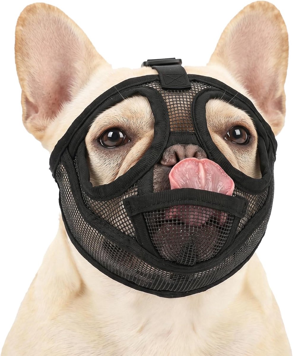 Muilkorf Franse bulldog, muilkorf voor honden met verstelbaar mesh voor vrij ademen, muilkorf voor honden met korte snuit en grote oogopening, zodat je kunt drinken en eten