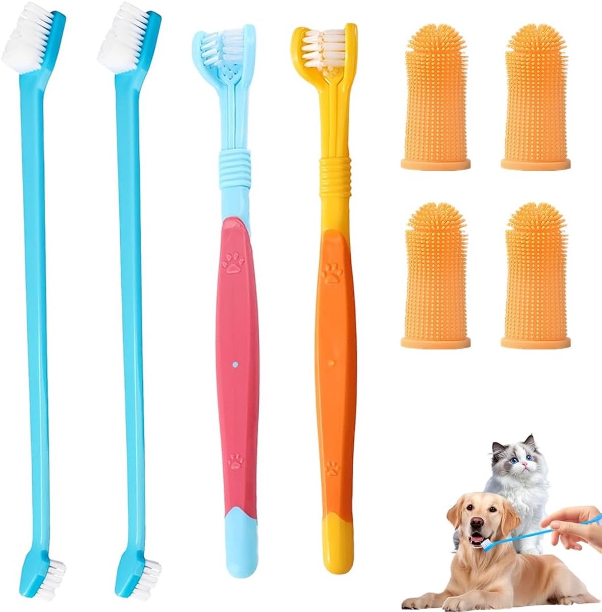 Tandenborstels voor honden en katten, accessoires voor honden, drievoudige borstel, vingerborstel, dubbele kop voor kleine, middelgrote en grote honden, tandverzorging