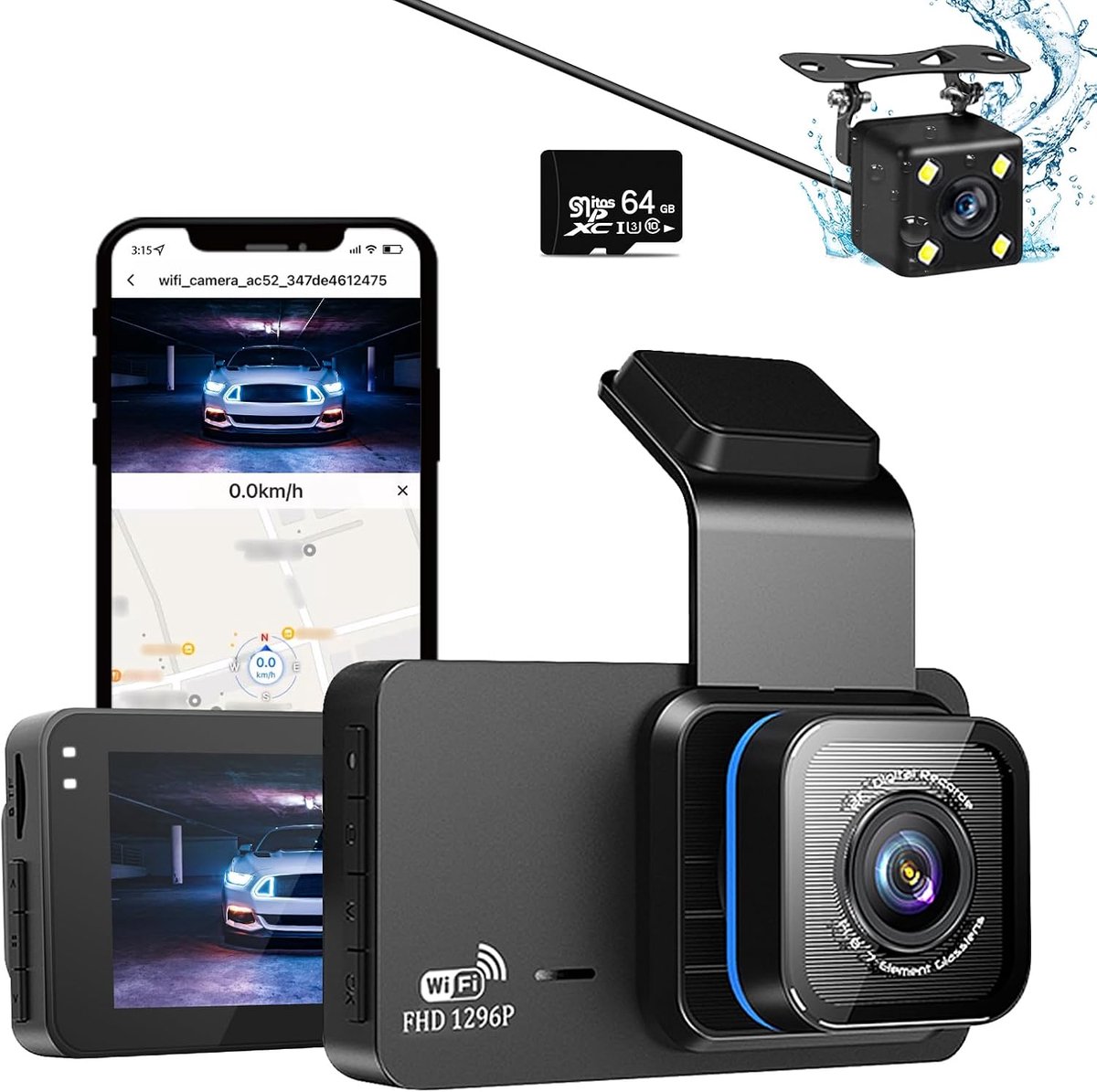 1296P Dash Cam voor en achter dubbele lens Dashcam WiFi GPS in auto camera Dashboard Camera met 64 GB SD-kaart, nachtzicht, Full HD, Loop opname, 140 groothoek, APP-bediening, 3 inch IPS-scherm, Max