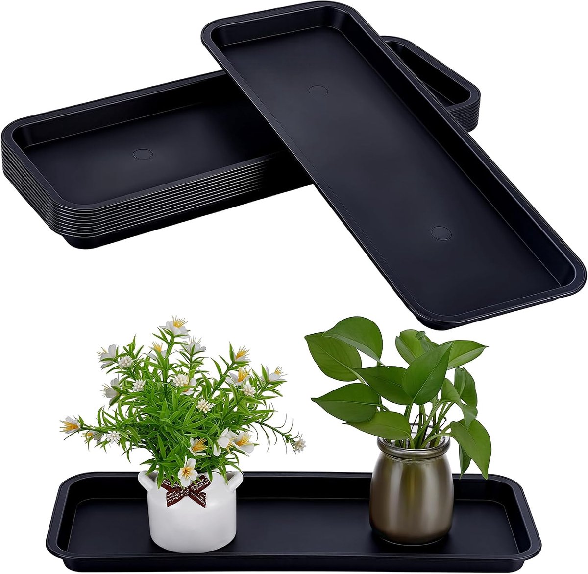 Schotels lade, 39,8 x 15,3 cm zwarte plantenwaterdruppelbak, grote plastic planten, druppelbakken voor binnen en buiten, bloempot, tuin en woondecoratie