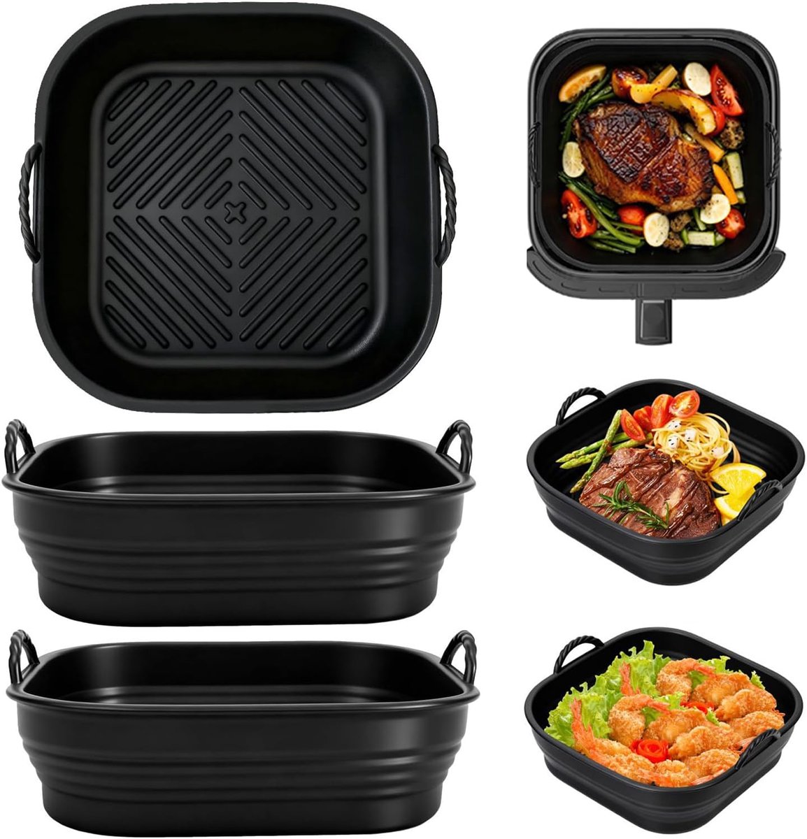 Accessoires voor heteluchtfriteuse, 4,7 - 8 l, siliconen vorm, 3 stuks, zwart, airfryer, siliconen inzetstuk voor heteluchtfriteuse, accessoires voor Ninja, Cosori, Russell Hobbs, Philips, Tefal